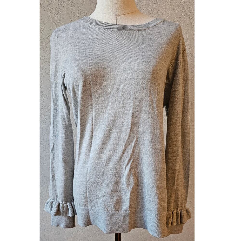 Banana Republic 100% Merino Wool Sweater Ruffle Cuffs Pullover Gray Women Medium